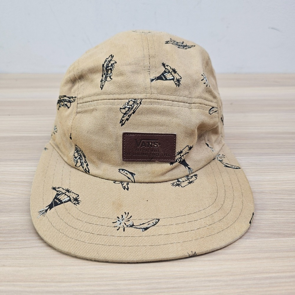 Vintage VANS 5 Panel Hat Mens Tan Logo Camper Fish All Over‎ Skater Hawaiian